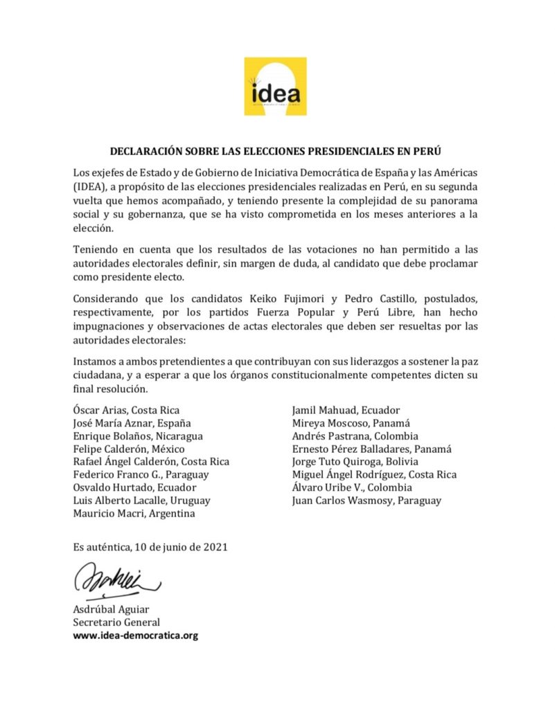 IDEA - DECLARACIÓN SOBRE LAS ELECCIONES PRESIDENCIALES EN PERÚ